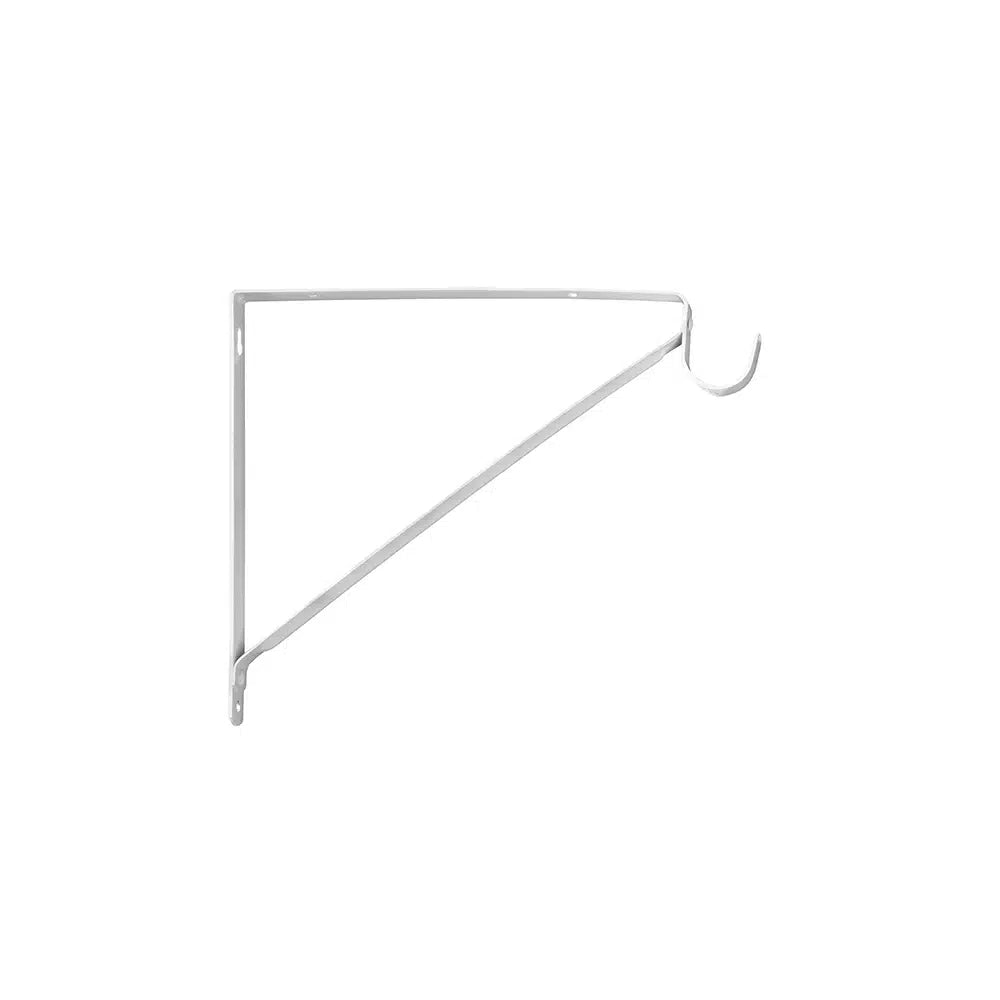 A white steel shelf bracket by Taymor Industries, featuring a triangular shape and a circular hook on one end for wall mounting. Ships from Canada.