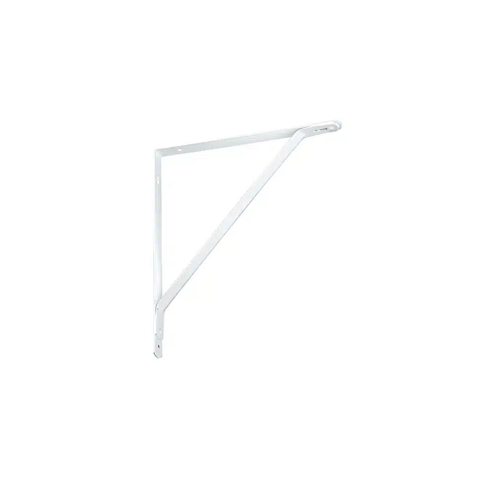 A Taymor Industries white steel shelf bracket with two vertical and one diagonal mounting hole, designed for wall mounting and supporting shelves. Ships from Canada.