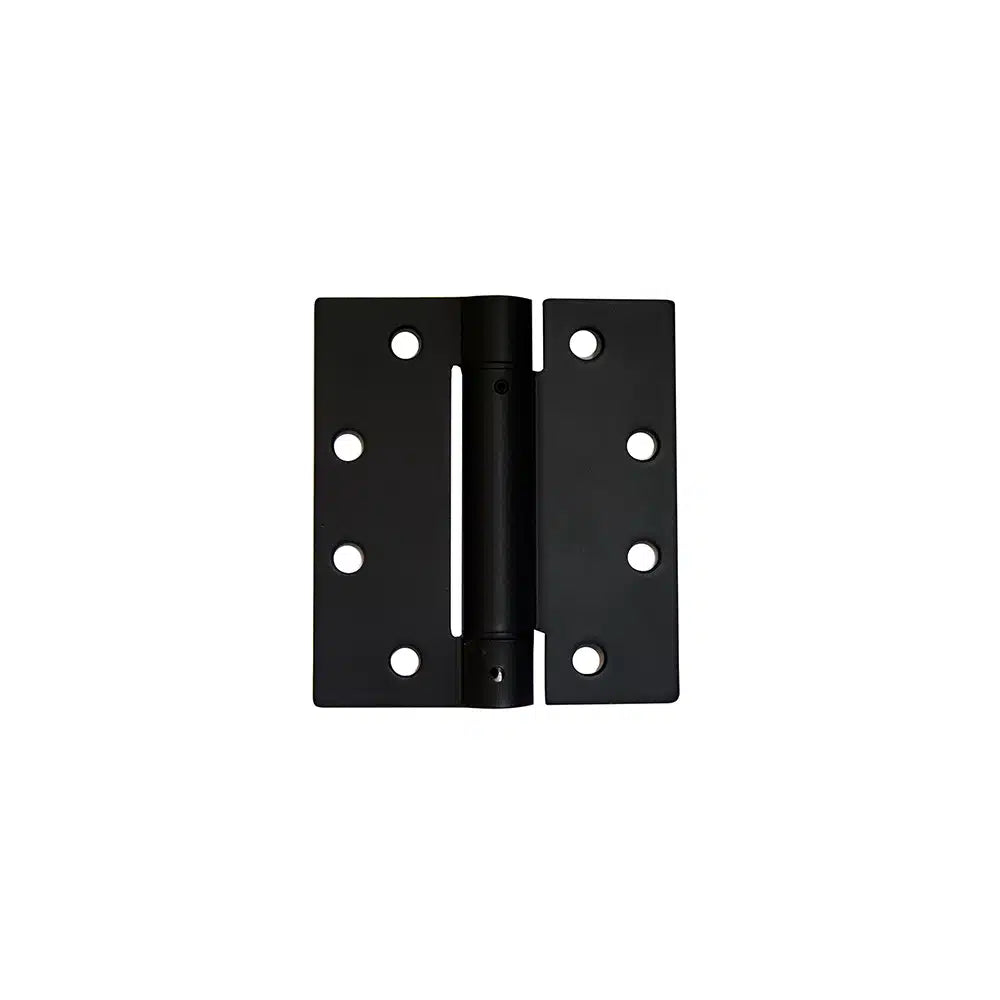 Black door hinge by Taymor Industries with six screw holes, shown vertically against a white background. The hinge's center pin is visible. Built to ANSI specs, this durable hinge ships from Canada.