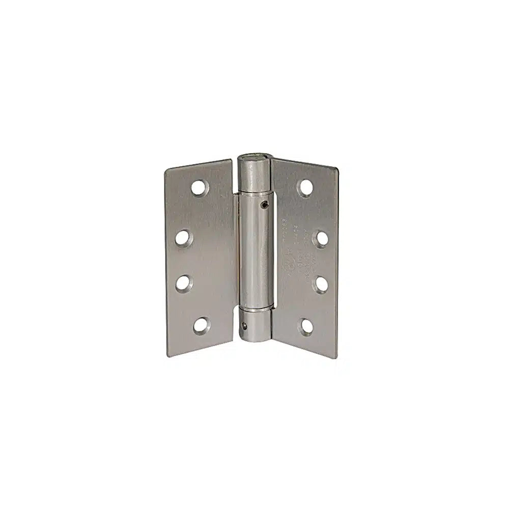 A Taymor Industries metal adjustable spring hinge with three screw holes per side, crafted to ANSI standards, shown against a plain white background.