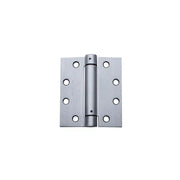 A Taymor Industries stainless steel adjustable spring hinge features six screw holes per plate, a central cylindrical barrel, meets ANSI specs, and is shown on a white background. Ships from Canada.