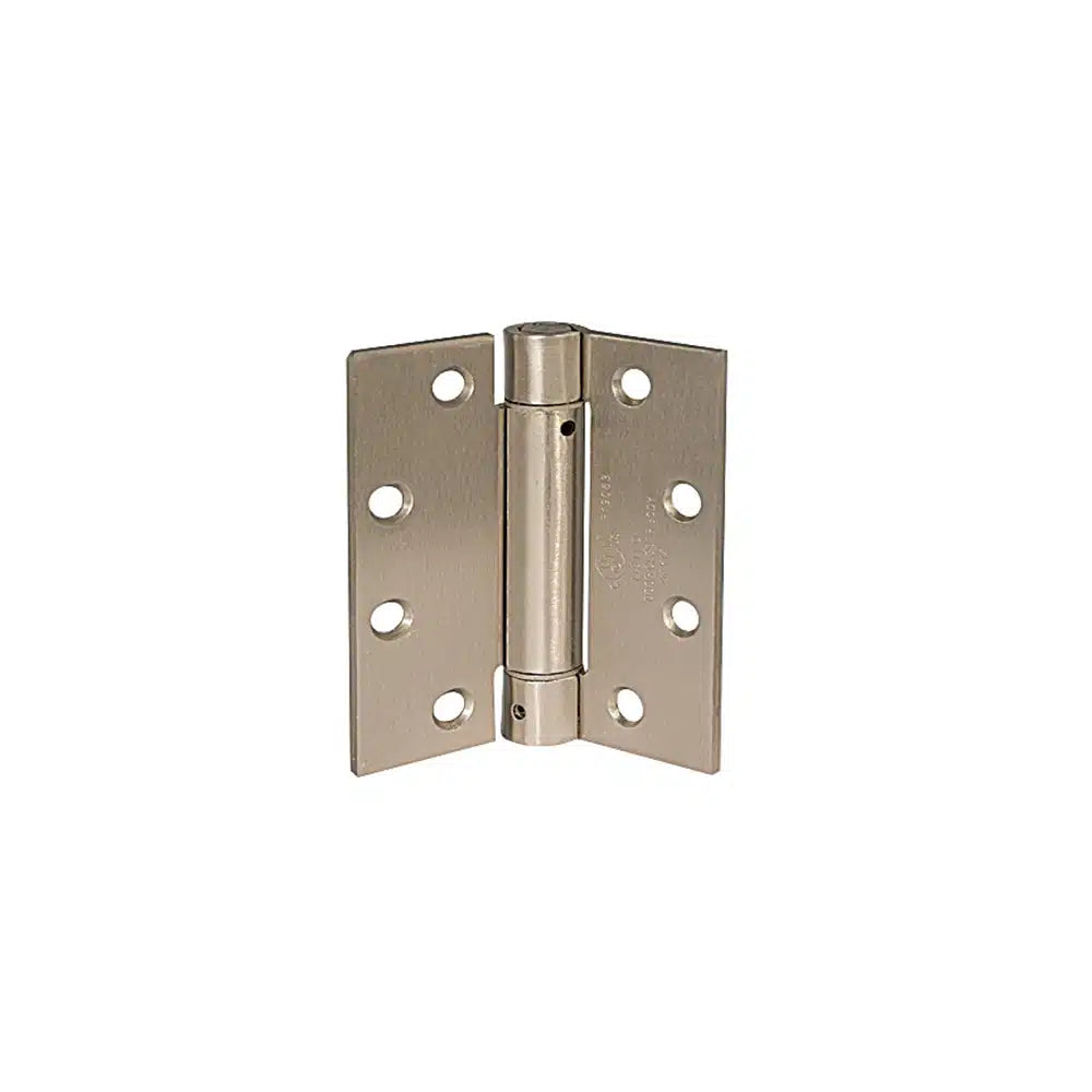 A Taymor Industries metal door hinge with six screw holes per plate is shown partially open, highlighting its cylindrical pin and brushed metallic finish against a plain white background. Ships from Canada.