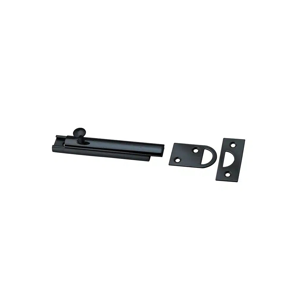 A black metal sliding bolt latch by Taymor Industries with two separate keepers, designed to secure doors or gates. The main bolt and plates are displayed on a white background; mounting screws are not included.