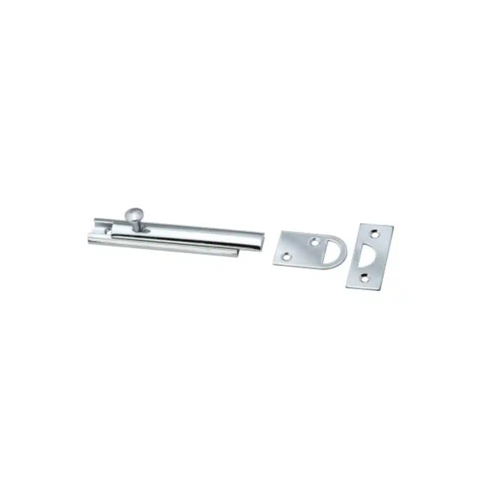 A Taymor Industries silver sliding bolt door latch with a round knob is shown with two metal strike plates and mounting screws, all displayed on a white background.