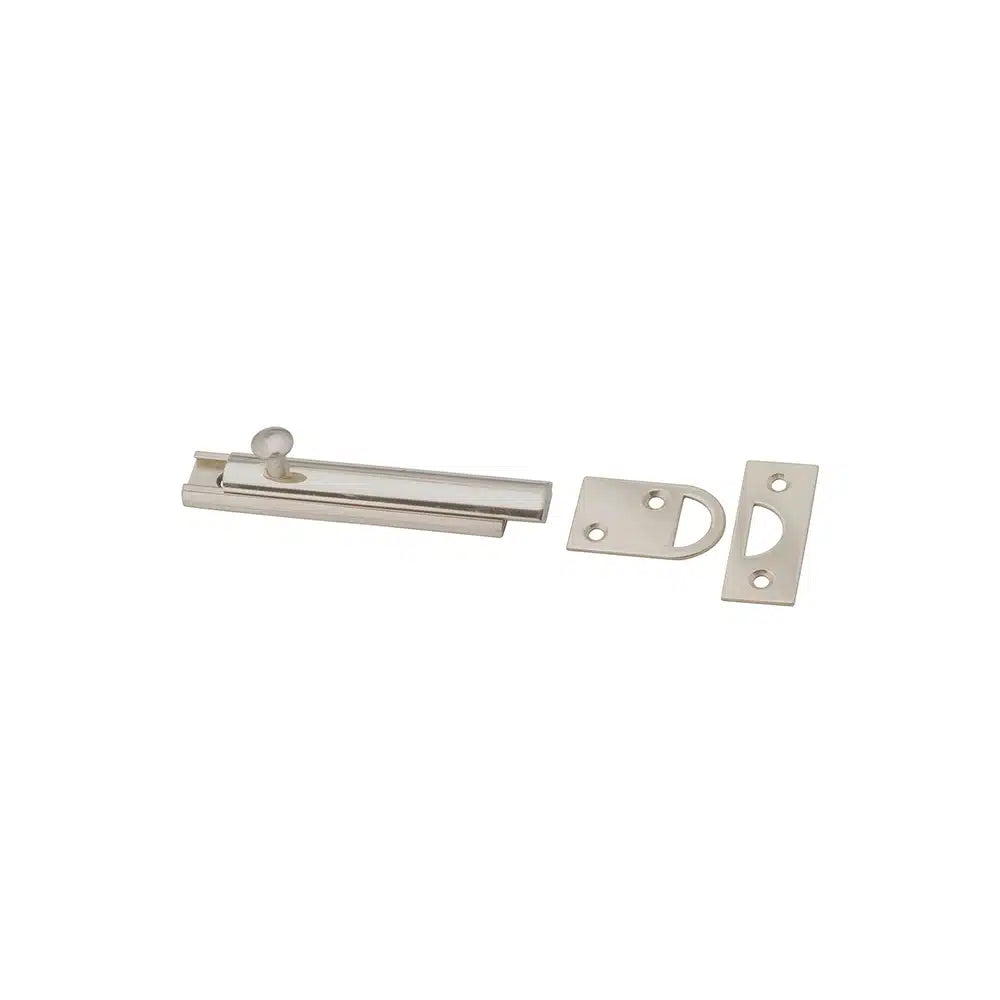 Taymor Industries silver metal barrel bolt lock features solid brass construction, a sliding latch, two separate keepers, and includes mounting screws, shown on a white background.
