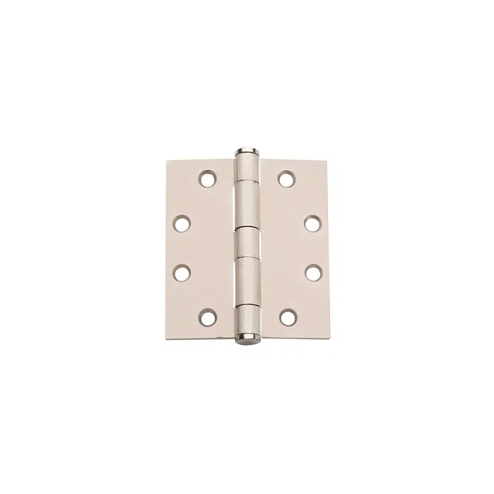 A Taymor Industries silver metal full mortise hinge with six screw holes per side, shown on a white background. ANSI/BHMA A156.1 compliant and suitable for both machine and wood screws.