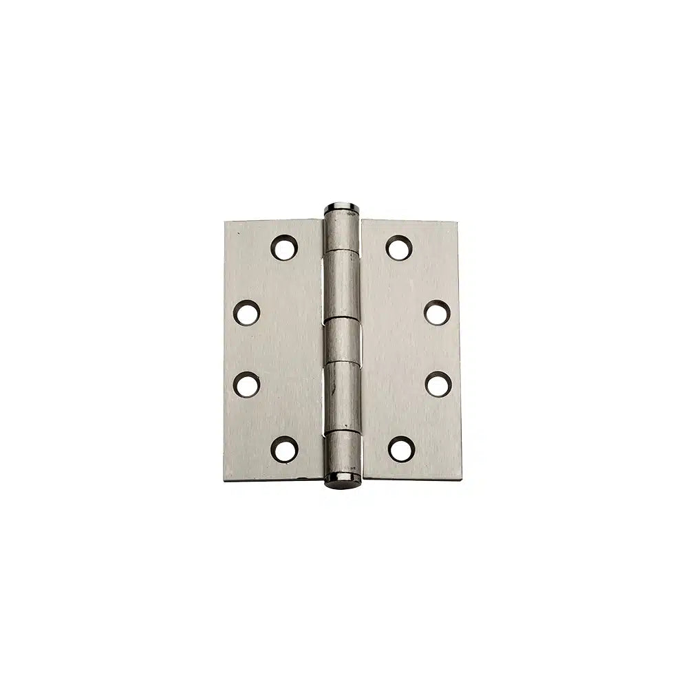 A silver Taymor Industries full mortise hinge with six screw holes per rectangular plate, designed for machine and wood screws, is shown against a white background. ANSI/BHMA A156.1 compliant.