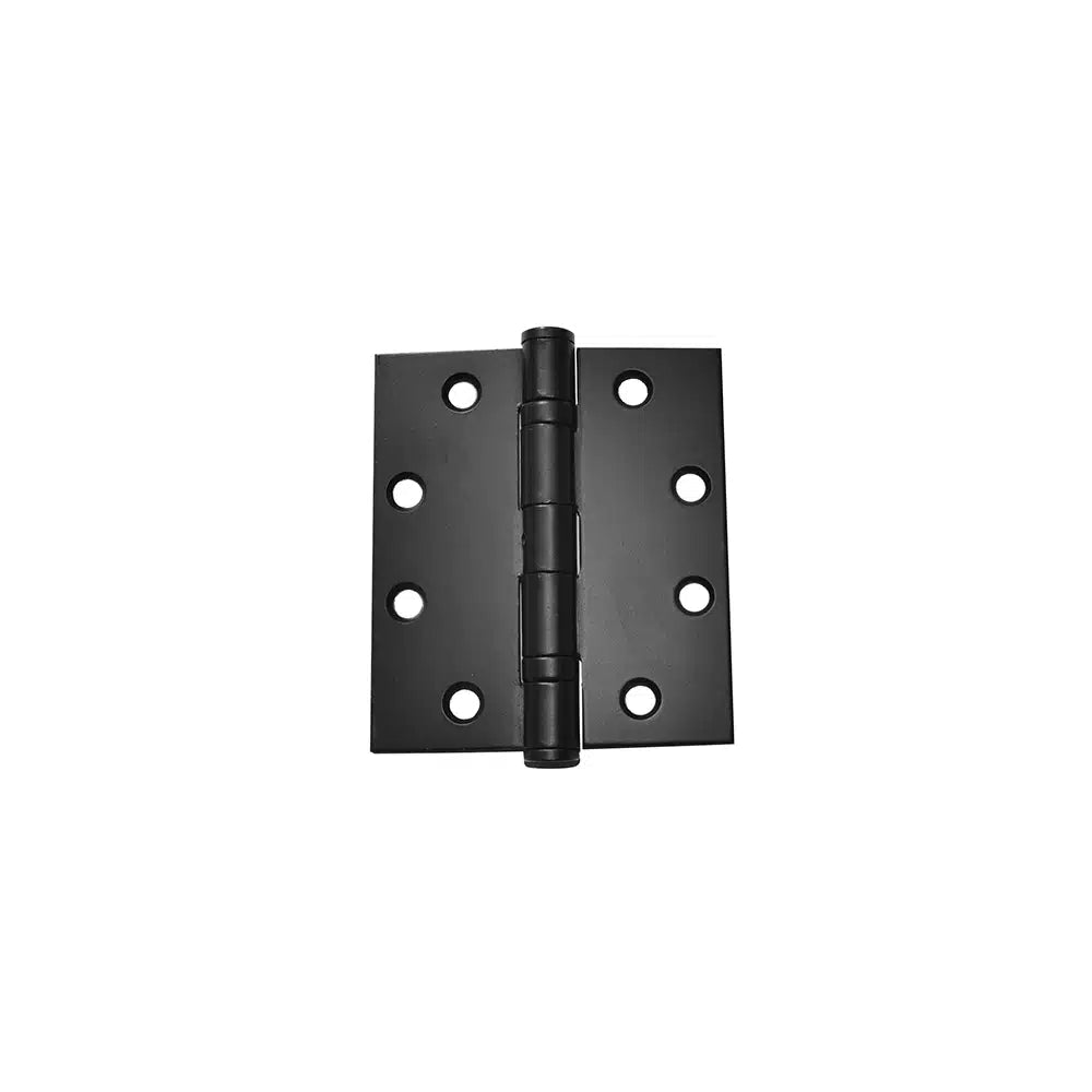A Taymor Industries black metal full mortise hinge with six screw holes (three per side) is shown against a white background. It meets ANSI/BHMA A156.1 standards and works with both machine and wood screws.