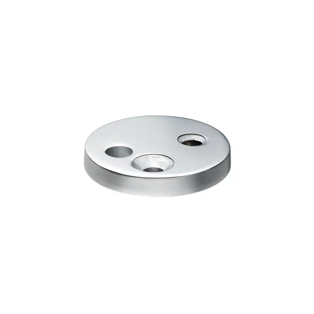 A round, flat zinc die-cast disc by Taymor Industries features three circular holes of different sizes and is displayed against a plain white background.