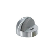 The Taymor Industries silver zinc die-cast door stopper features a curved, dome-shaped design with a rubber insert and a screw hole at the base for secure floor mounting with an included screw and expansion shield.