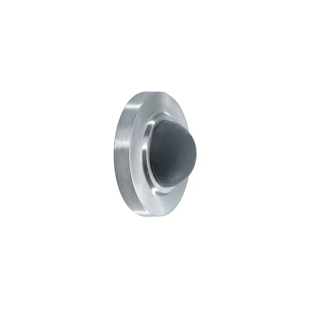 A round metal door stopper by Taymor Industries features a brushed finish, black rubber tip, and comes with screw and expansion shield for secure mounting, shown on a white background.