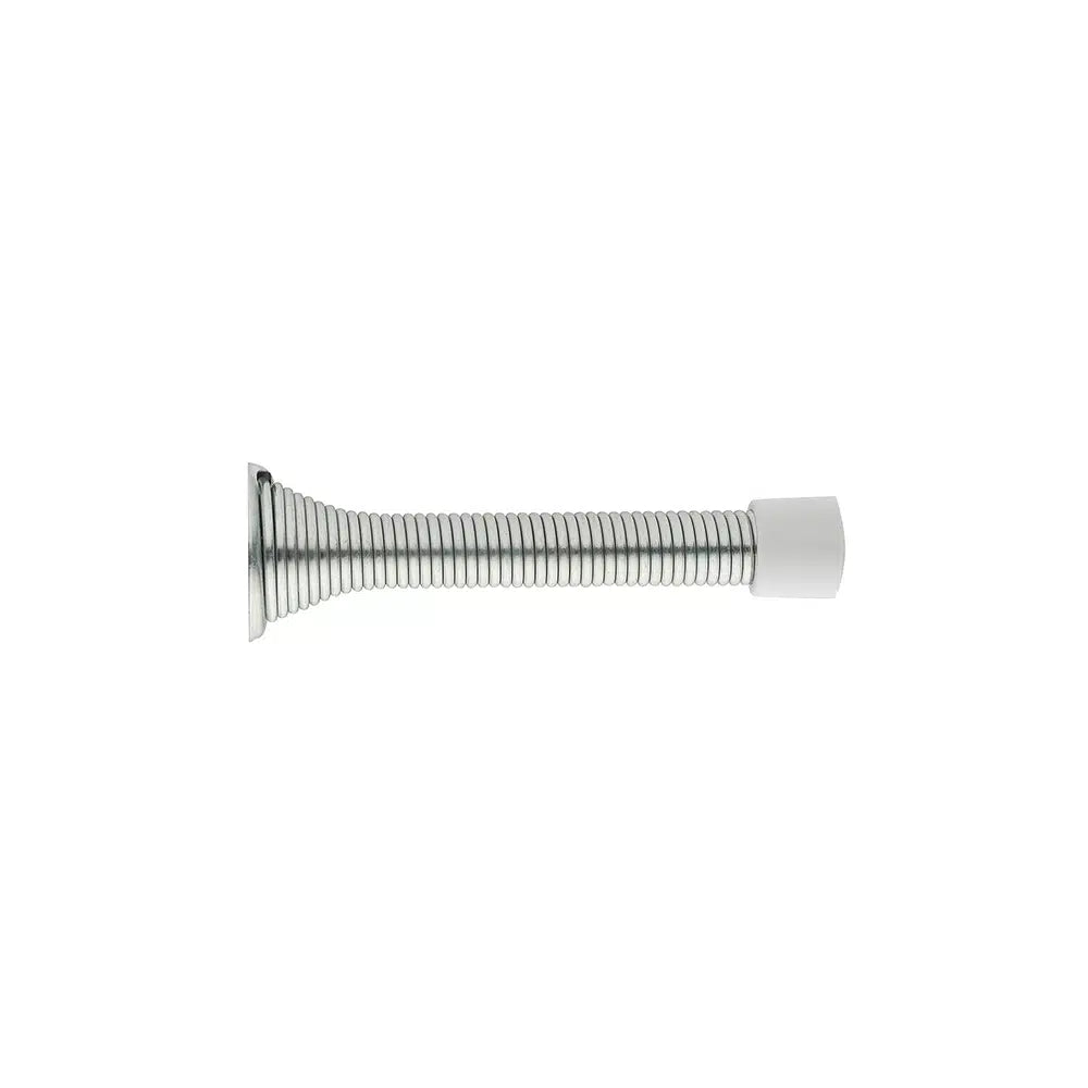 A Taymor Industries metal doorstop with a steel coiled spring design, featuring a flat metal base on one end and a white rubber tip on the other, isolated on a white background.