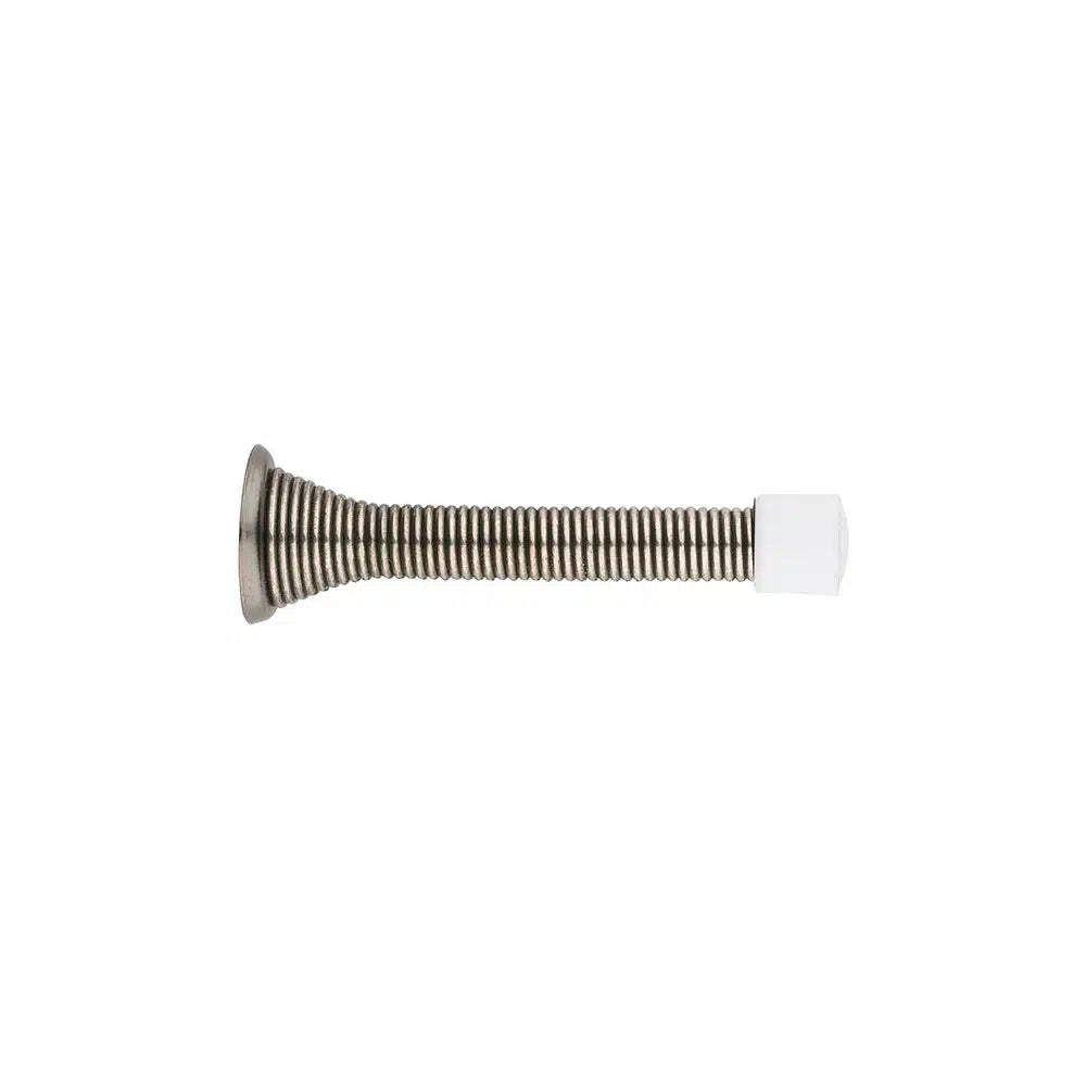 A Taymor Industries metallic door stopper featuring a 24mm steel spring coiled body, metal base, and white rubber tip, isolated on a white background.