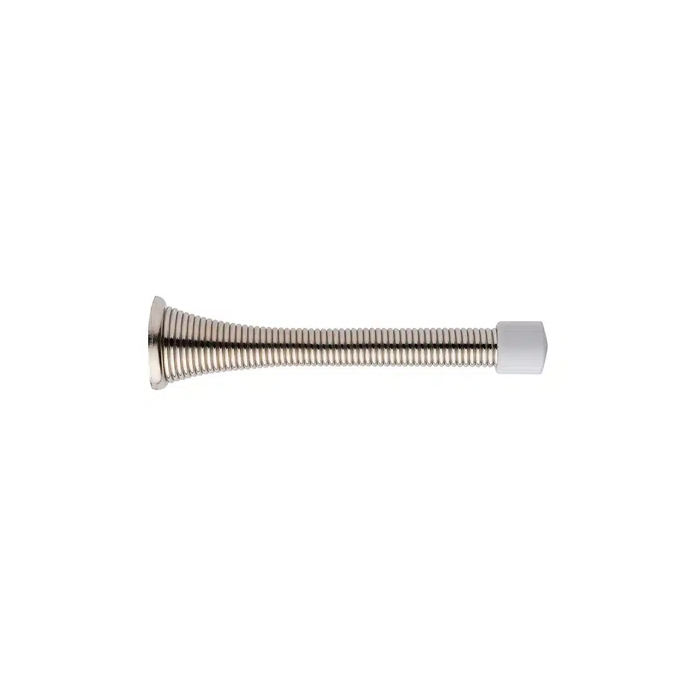 A Taymor Industries silver metal doorstop features a coiled steel spring wire design, a flared base (15/16", 24mm diameter), and a white rubber tip, displayed against a plain white background.