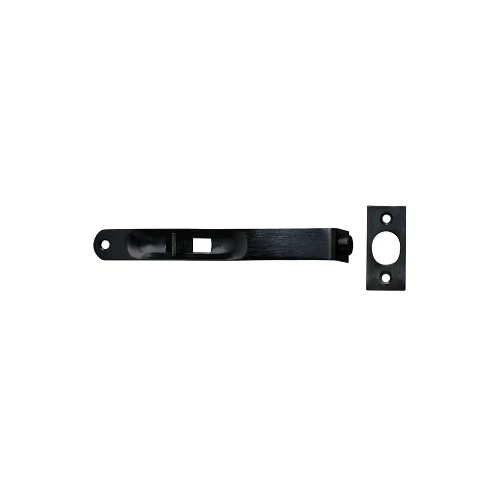 A black metal pocket door pull handle by Taymor Industries with a rectangular latch plate, both shown separately on a white background. Made of durable steel, it includes a keeper and mounting screws for easy installation.