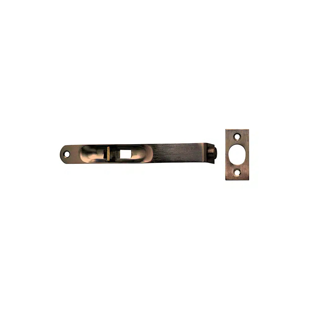 A Taymor Industries bronze-colored steel door latch bolt with a rectangular faceplate, shown on a white background. The latch bolt features one hole at each end and a central rectangular cutout.