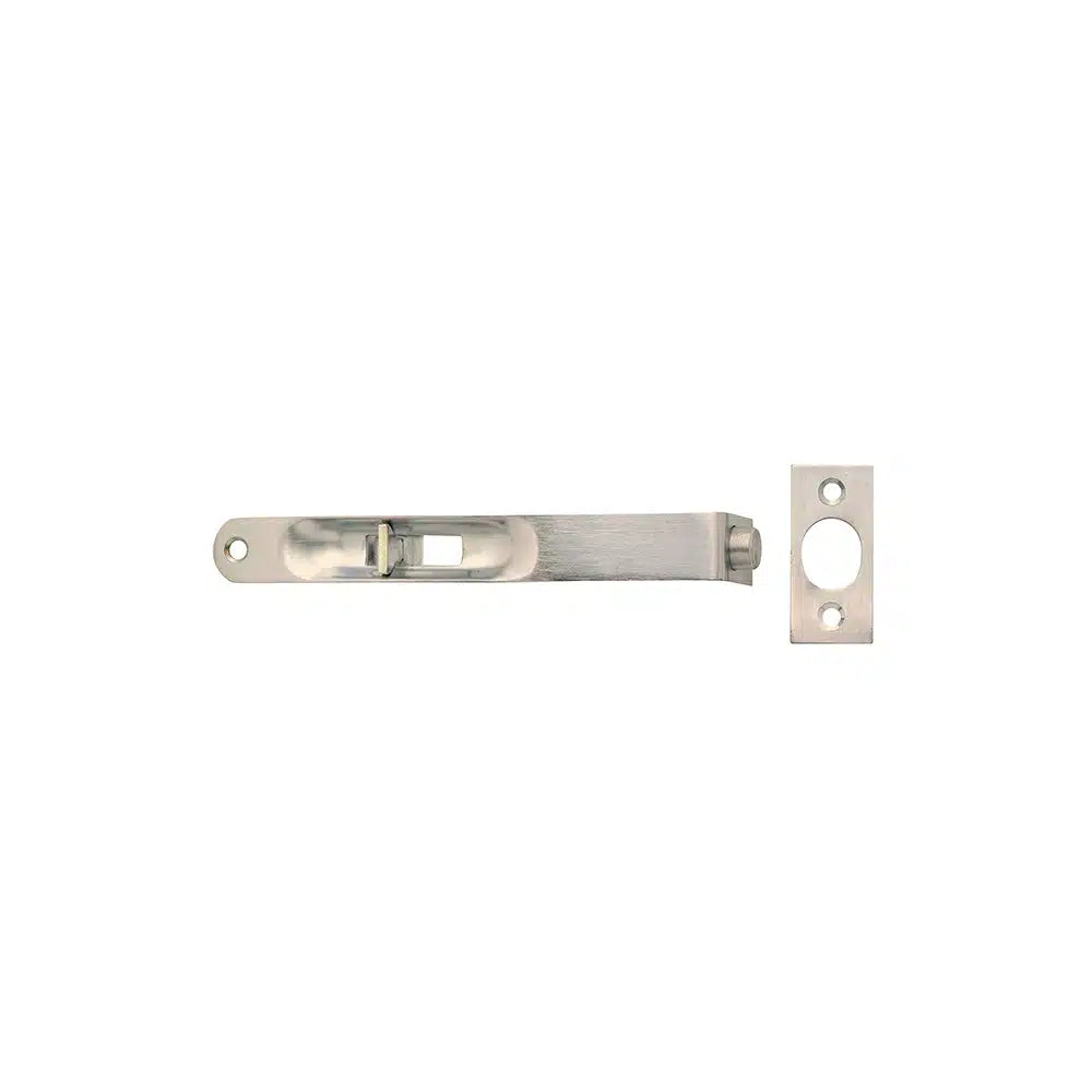 Taymor Industries silver door latch with durable steel construction, two main plate screw holes, and a rectangular strike plate. Set includes keeper and mounting screws for easy installation. All components shown on a white background.