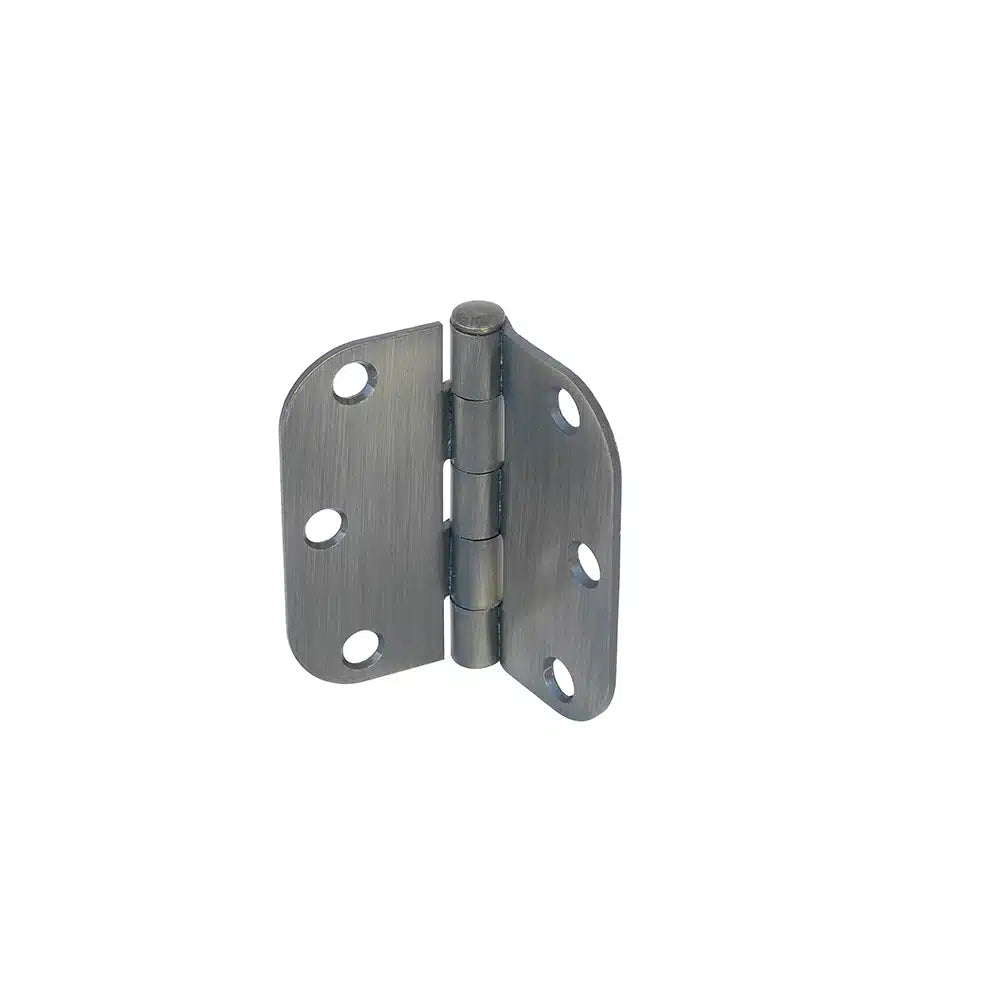 A Taymor Industries metal door hinge with a brushed finish, featuring three screw holes on each side, stands upright against a plain white background.