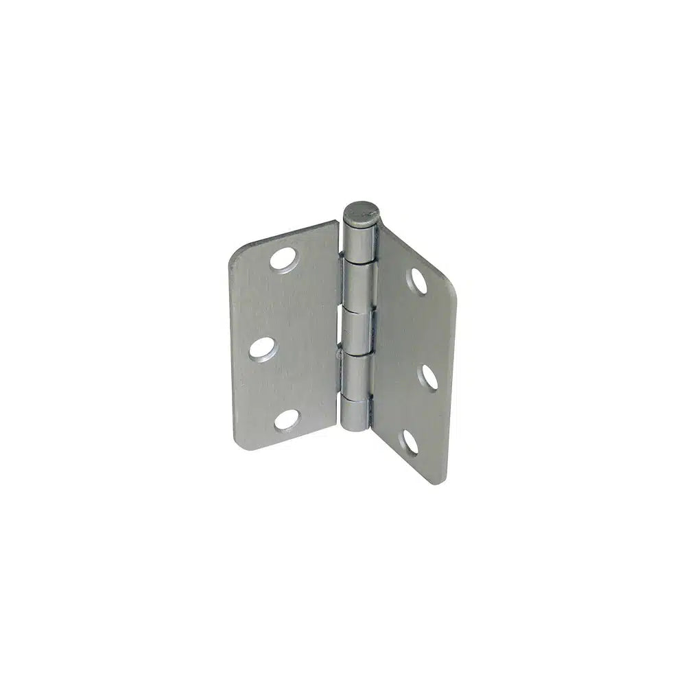 A Taymor Industries silver 4" x 4" metal door hinge with three screw holes per side, partially open and standing upright against a plain white background. Ships from Canada.