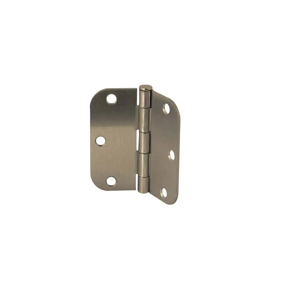 A Taymor Industries brushed nickel door hinge with rounded corners, three screw holes per side, and a visible central pin is shown upright against a white background. Ships from Canada.