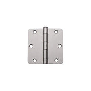 A Taymor Industries silver metal door hinge with three knuckles and six screw holes, shown on a white background. Suitable for 3/4″ screws and ships from Canada.
