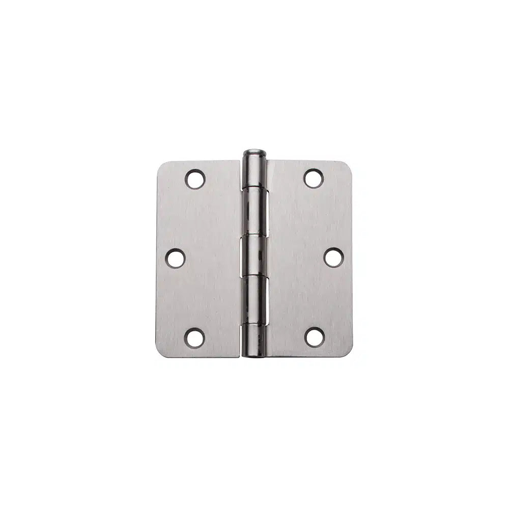 A Taymor Industries silver metal door hinge with three knuckles and six screw holes, shown on a white background. Suitable for 3/4″ screws and ships from Canada.