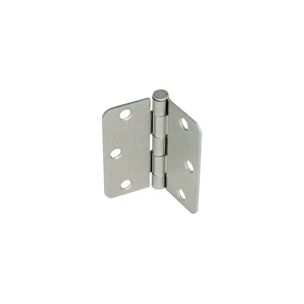 A brushed silver metal door hinge by Taymor Industries, partially open, features six screw holes—three per rectangular plate. Ships from Canada.