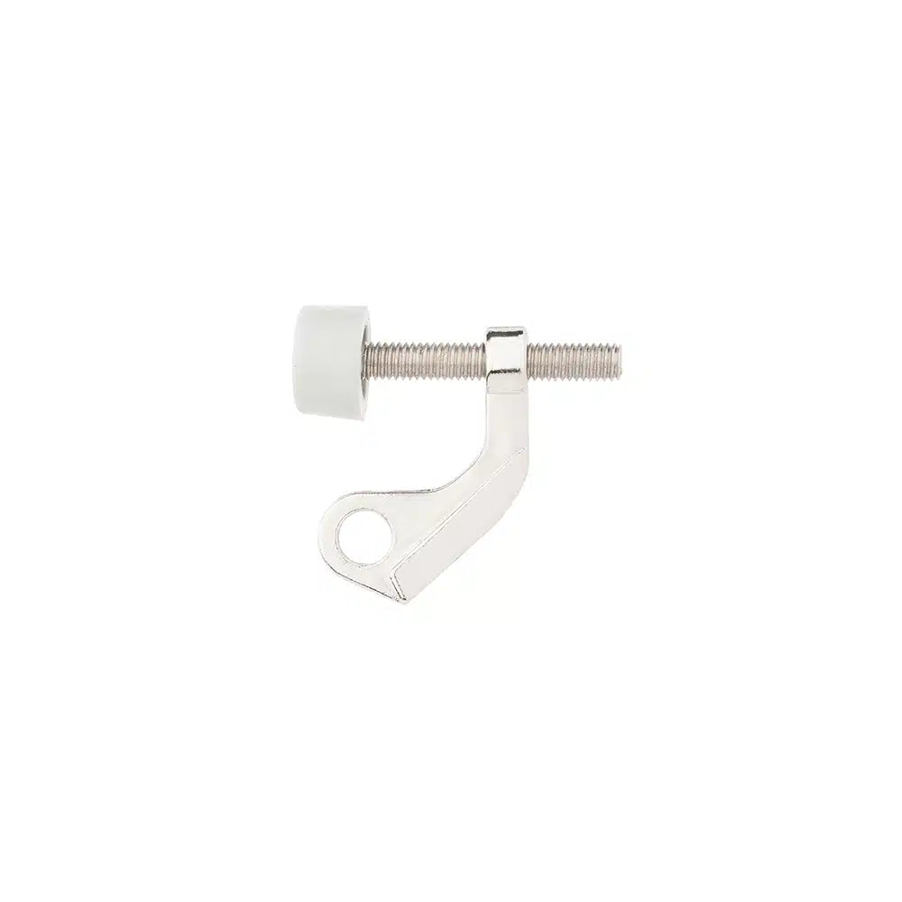 Taymor Industries metal hardware part featuring a bent arm, threaded bolt, and white cylindrical rubber or plastic tip, made from durable zinc die-cast for adjustable door opening angle, shown isolated on a white background.