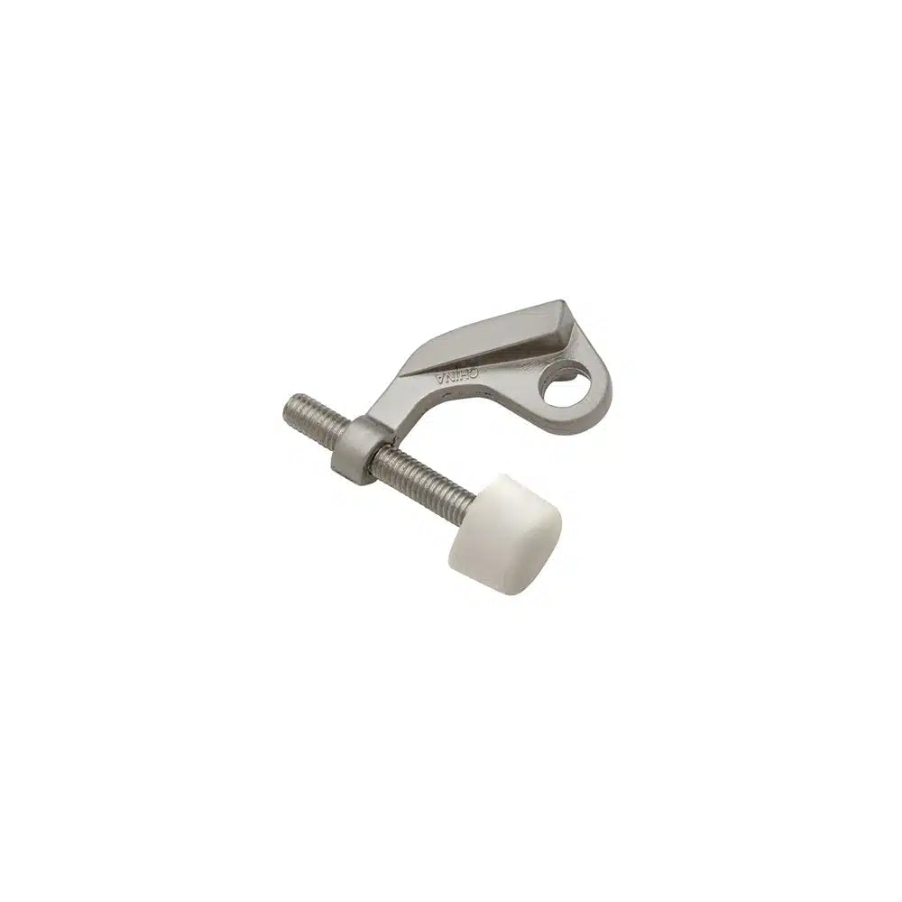 A Taymor Industries zinc die-cast screw with a curved bracket and white plastic cap, ideal for adjustable door opening angles, isolated on a white background.