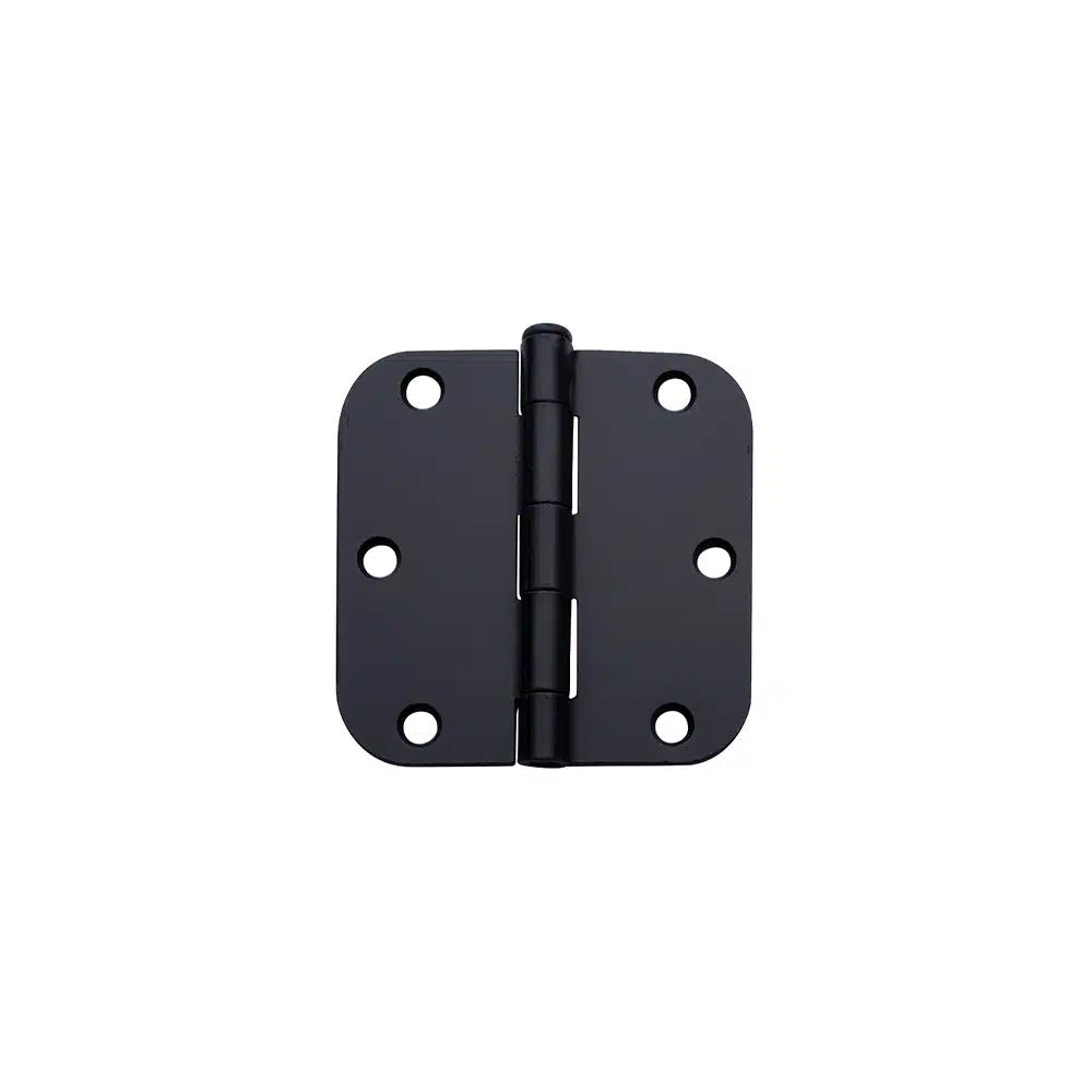 A Taymor Industries black metal door hinge with six screw holes (three per side) and rounded corners, shown on a plain white background. Suitable for installation with hinge screws or 3/4″ screws.