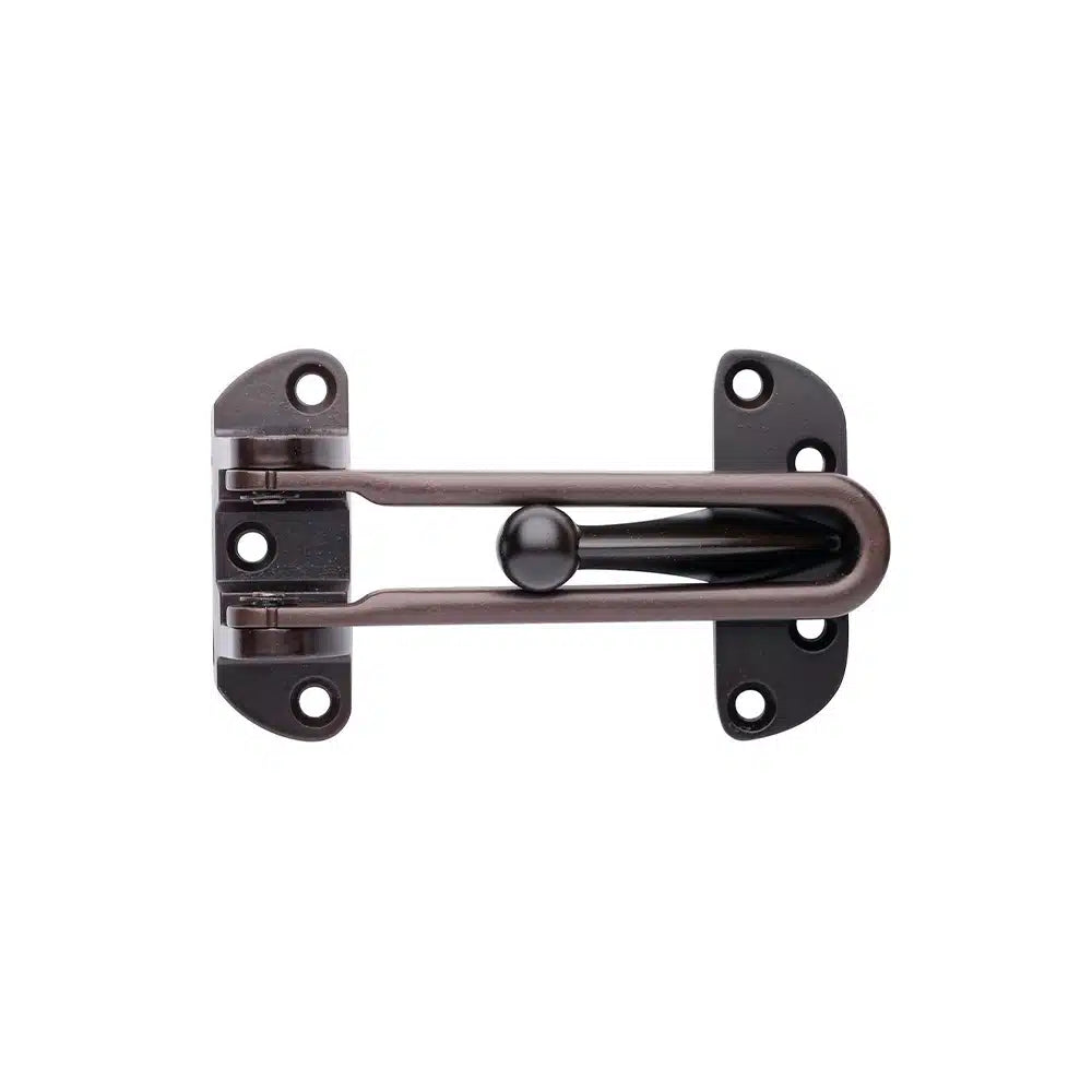 The Taymor Industries solid bronze door security latch features four screw holes per side, allowing partial door opening and preventing forced entry. Easy to install, this lock adds reliable protection and safety to your home.