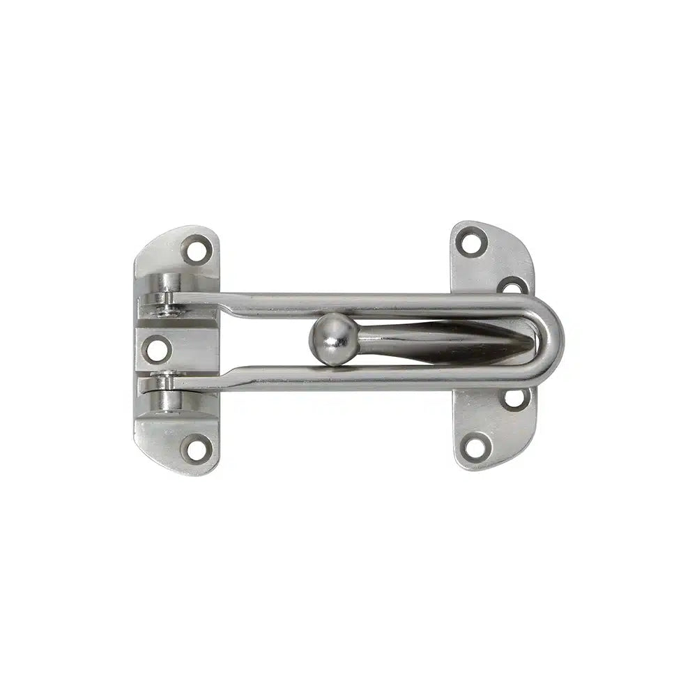 The Taymor Industries solid metal silver door security latch features four screw holes on each mounting plate for easy installation, offering reliable door lock protection. Shown against a white background.