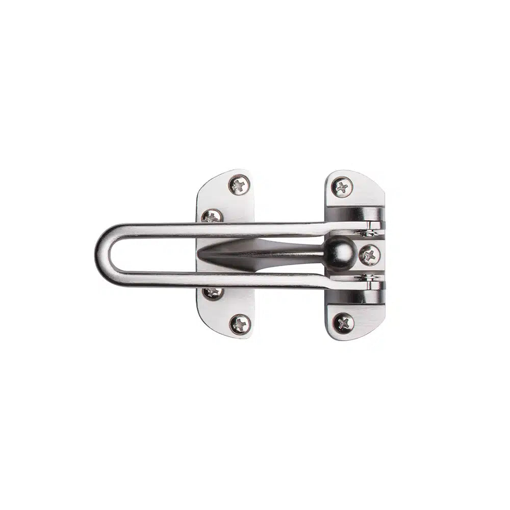Taymor Industries solid metal door security latch with swinging bar and four screws, easy to install; shown from above on a white background.