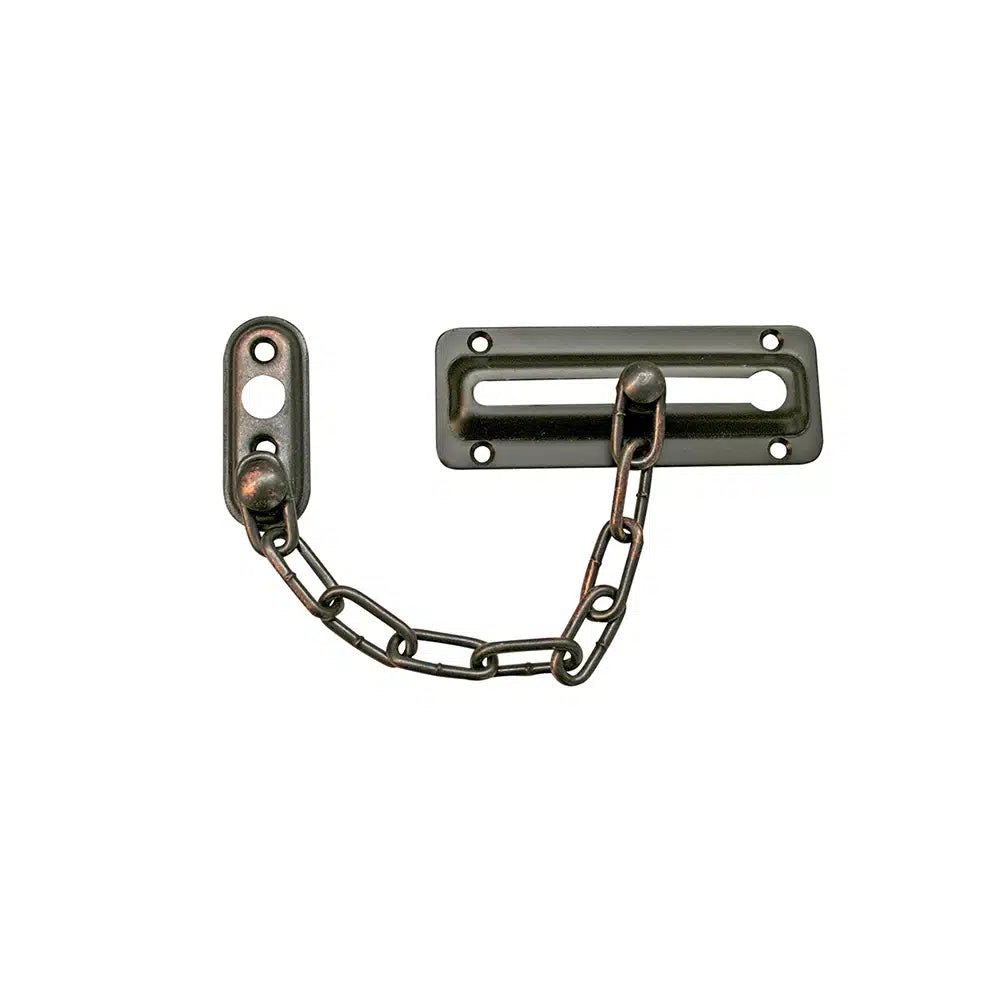 The Taymor Industries door chain lock offers added security with its solid metal construction, rectangular base plate, and welded steel chain attached to an oval plate.