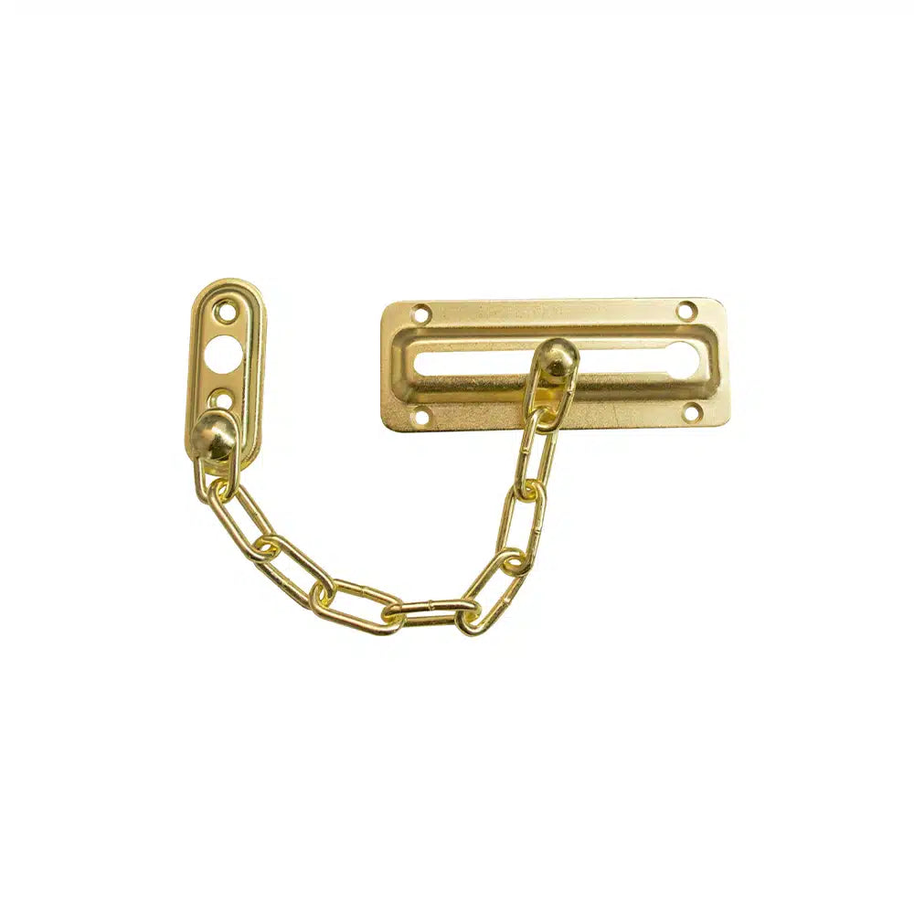 The Taymor Industries gold-colored door chain lock features a rectangular mounting plate and welded steel chain, providing enhanced security for doors with its solid metal construction.