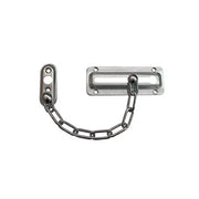 The Taymor Industries door chain lock features solid metal construction, an oval mounting plate on the left, a rectangular slotted plate on the right, and a short welded steel chain for enhanced security.