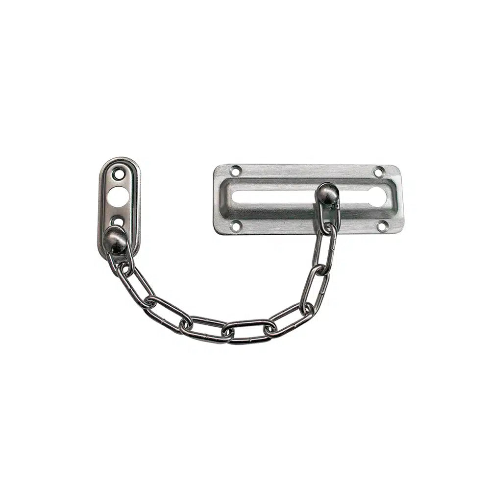 The Taymor Industries door chain lock features solid metal construction, an oval mounting plate on the left, a rectangular slotted plate on the right, and a short welded steel chain for enhanced security.