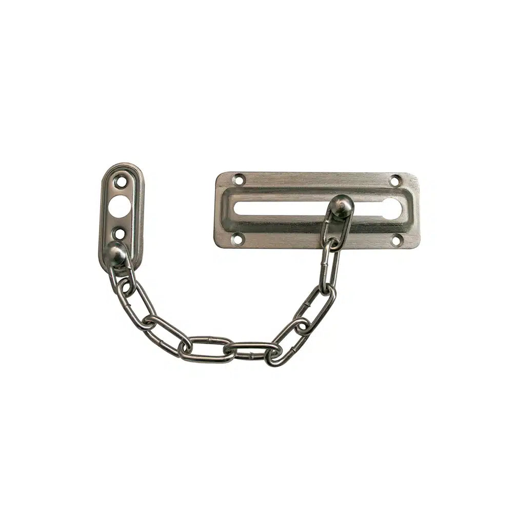 The Taymor Industries door chain lock features solid metal construction with a rectangular sliding plate and welded steel chain, providing added security for your doors.