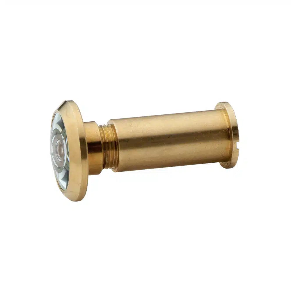 A Prima Decorative Hardware brass door peephole viewer, featuring a wide lens and solid metal construction, shown isolated on a white background.