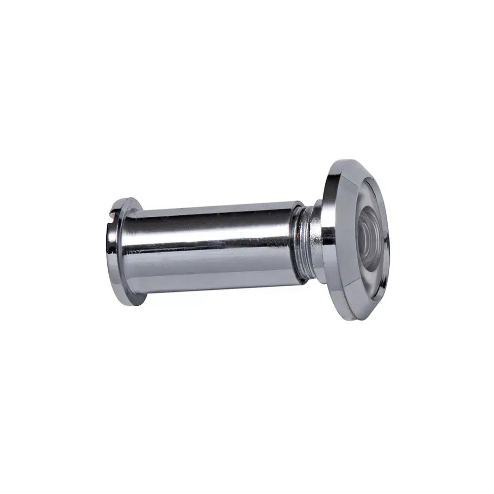 The Prima Decorative Hardware silver solid metal door viewer, or peephole, has a cylindrical body and wide plastic lenses at one end, displayed on a plain white background.