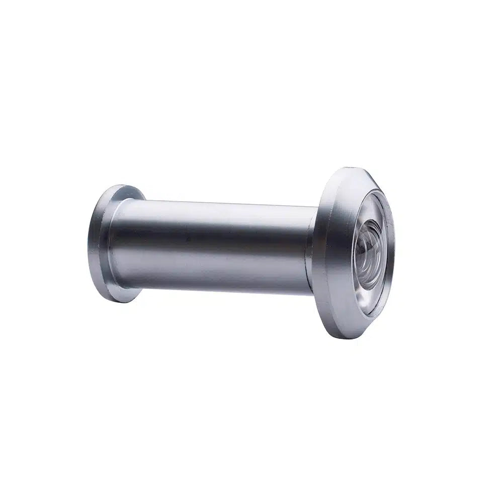 A cylindrical silver door viewer by Prima Decorative Hardware, featuring solid metal construction and plastic lenses, isolated on a white background.