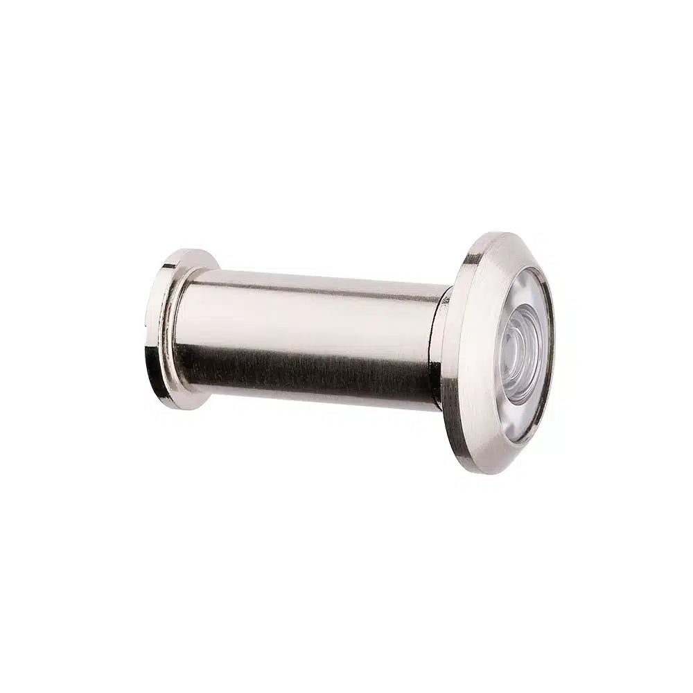 A Prima Decorative Hardware metal door peephole viewer with plastic lenses, circular lens, and cylindrical body is shown on a white background.