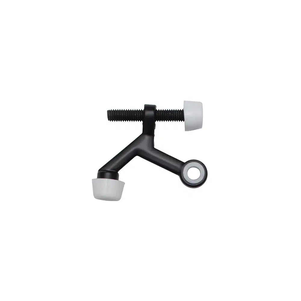 A black zinc die-cast device by Taymor Industries with two angled arms capped in white rubber and a threaded bolt with a white cap, shown on a plain white background. Perfect for adjustable door opening angle applications.