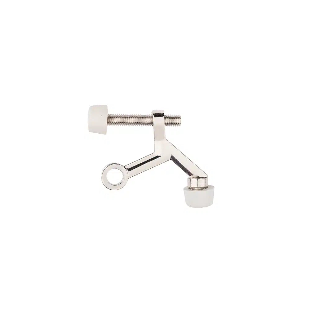 The Taymor Industries silver cabinet door stop features two arms, durable zinc die-cast construction, rubber tips on both ends, an adjustable opening angle to protect walls and furniture, and a mounting screw included.