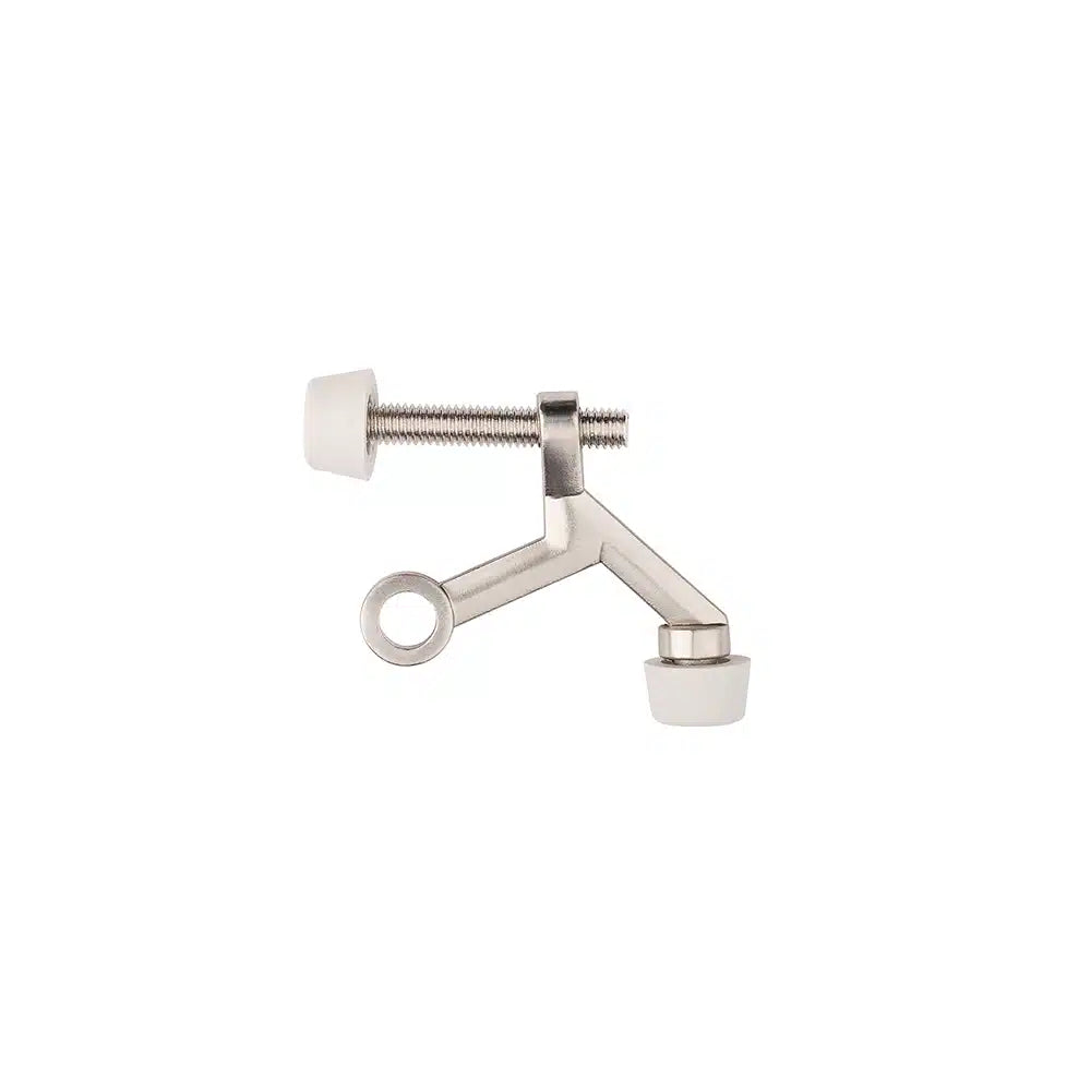 The Taymor Industries silver zinc die-cast metal door stop features two white rubber tips and an adjustable screw to prevent doors from hitting walls, while allowing you to set the preferred door opening angle.