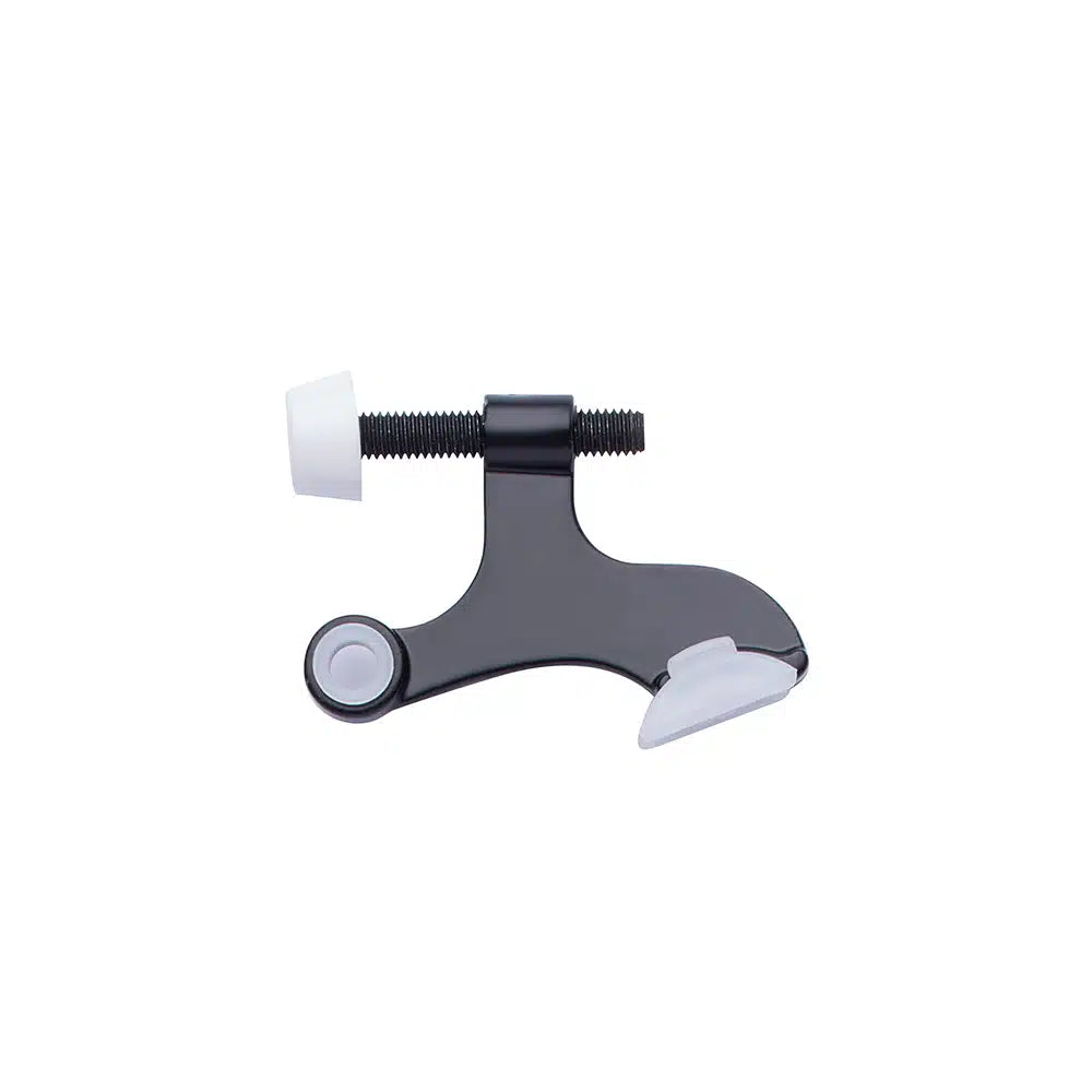 Taymor Industries black metal clamp with screw and two white plastic pads, made from durable zinc die-cast. Its compact, curved design and threaded adjustment mechanism securely grip or hold objects.