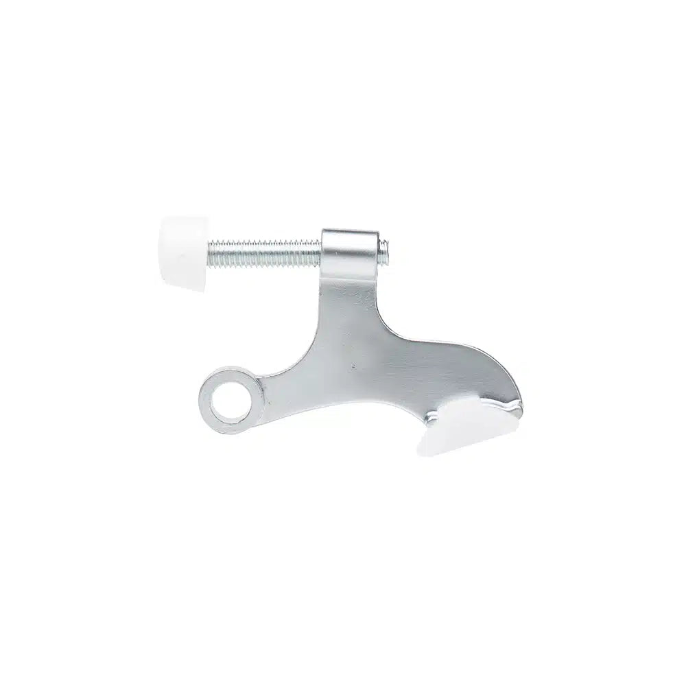 A Taymor Industries metal door latch featuring a curved zinc die-cast design and mounting hole. Includes a screw with a white plastic cap for secure installation. Shown against a plain white background.