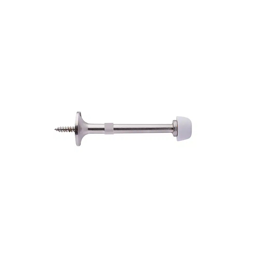 A Taymor Industries zinc die-cast silver door stopper with a fixed screw end for mounting and a white rubber tip to cushion impact, shown on a plain white background.