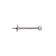 A Taymor Industries zinc die-cast silver door stopper with a fixed screw end for mounting and a white rubber tip to cushion impact, shown on a plain white background.