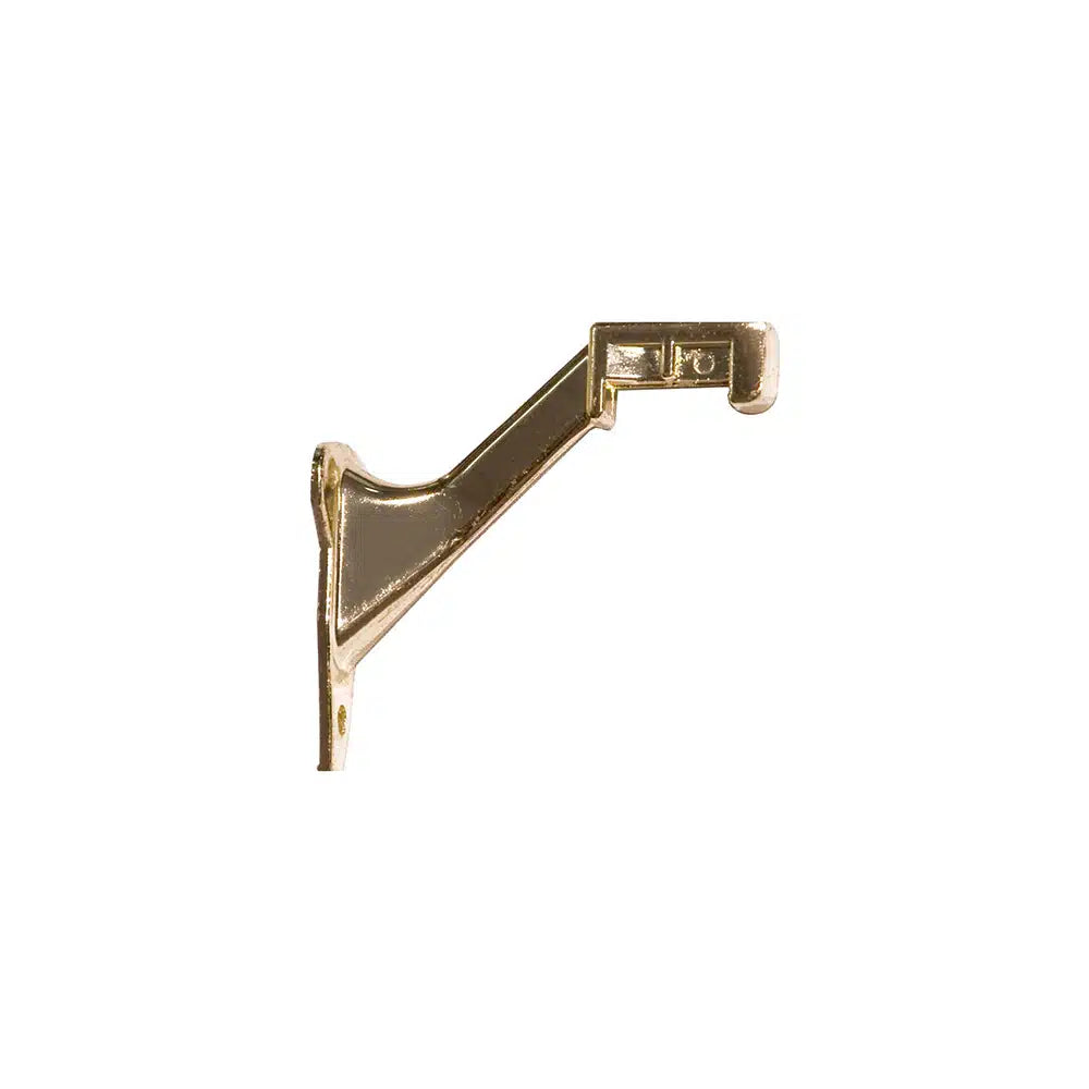 A Taymor Industries brass-colored zinc die-cast wall bracket with a slanted arm for supporting shelves or rods. Includes mounting screws, offers sturdy wall projection, and is presented against a plain white background.